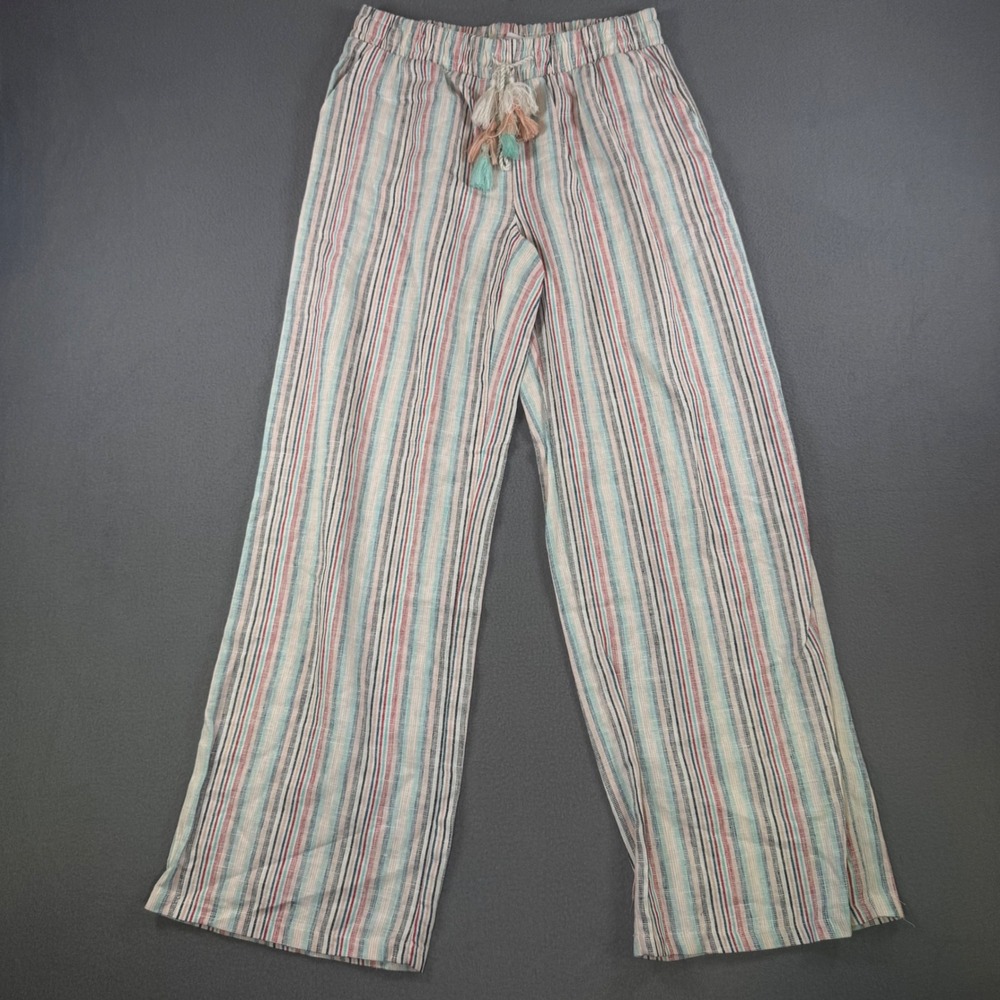 Harmony + Havoc Women Large Linen Blend Striped Wide Leg Tassel Pants HH1236632F